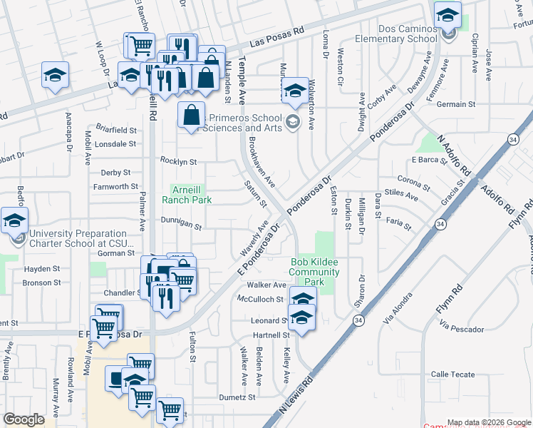 map of restaurants, bars, coffee shops, grocery stores, and more near 1223 Saturn Street in Camarillo