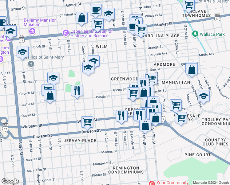 map of restaurants, bars, coffee shops, grocery stores, and more near 519 South 13th Street in Wilmington