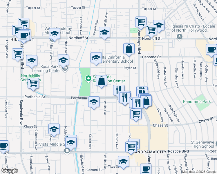 map of restaurants, bars, coffee shops, grocery stores, and more near 8740 Willis Avenue in Los Angeles