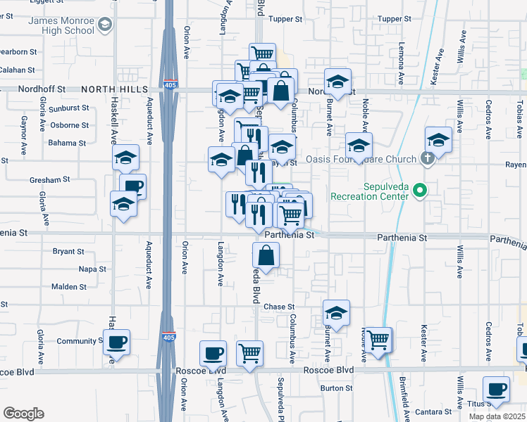 map of restaurants, bars, coffee shops, grocery stores, and more near 8774 Sepulveda Boulevard in Los Angeles
