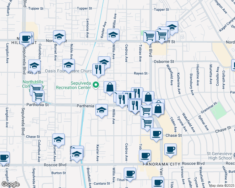 map of restaurants, bars, coffee shops, grocery stores, and more near 8740 Willis Avenue in Los Angeles