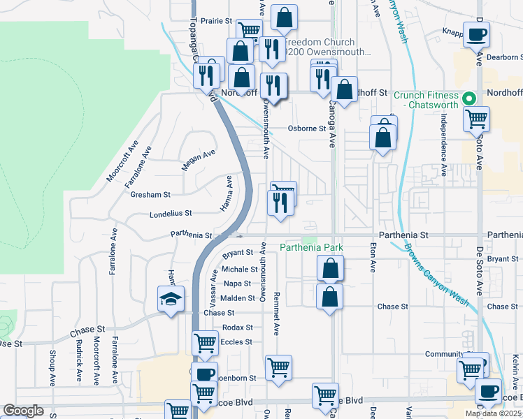 map of restaurants, bars, coffee shops, grocery stores, and more near 8741 Owensmouth Avenue in Los Angeles