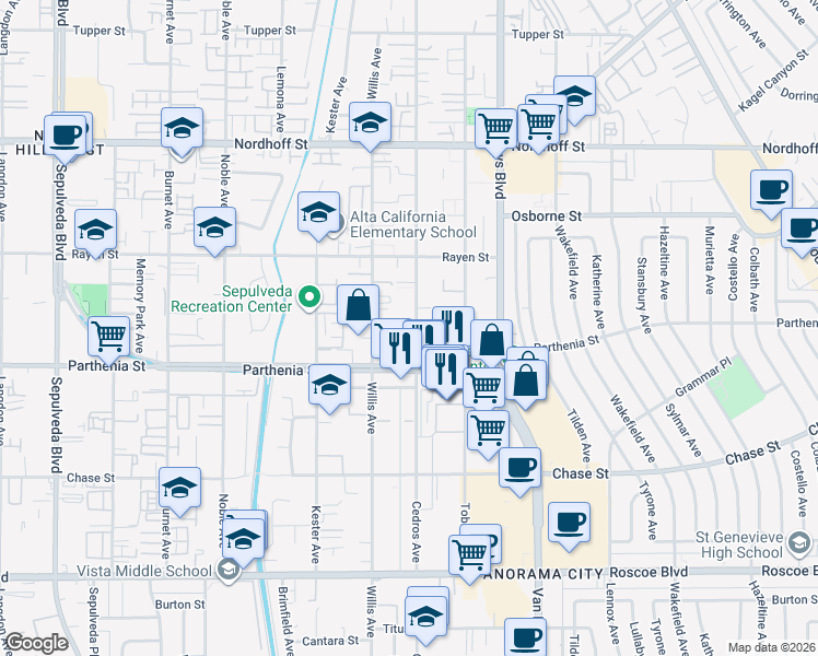 map of restaurants, bars, coffee shops, grocery stores, and more near 8745 Cedros Avenue in Los Angeles