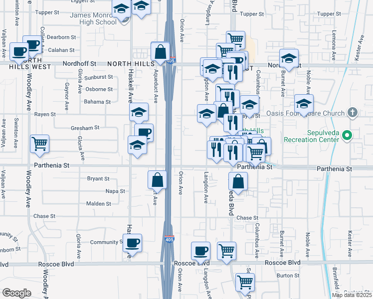 map of restaurants, bars, coffee shops, grocery stores, and more near 8750 Orion Avenue in Los Angeles
