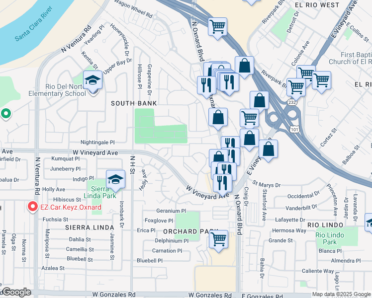 map of restaurants, bars, coffee shops, grocery stores, and more near 625 Orchard Place in Oxnard