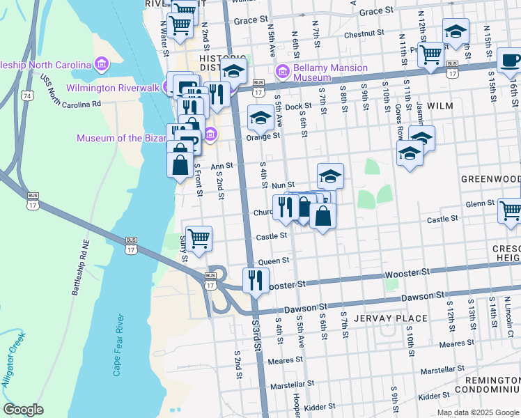 map of restaurants, bars, coffee shops, grocery stores, and more near in Wilmington