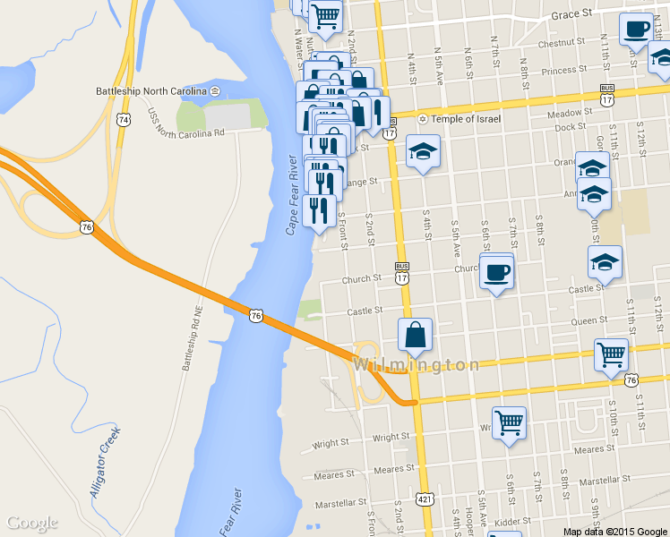 map of restaurants, bars, coffee shops, grocery stores, and more near 6 Nun Street in Wilmington
