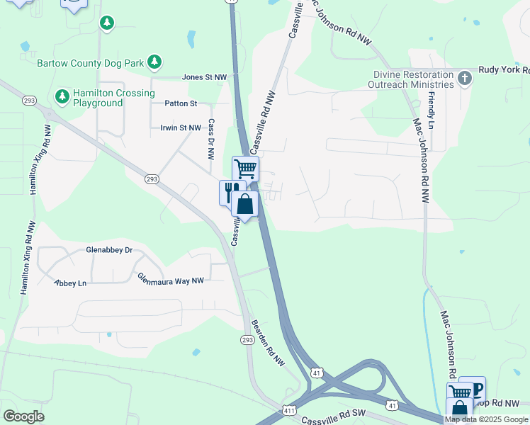 map of restaurants, bars, coffee shops, grocery stores, and more near Joe Frank Harris Parkway in Cartersville
