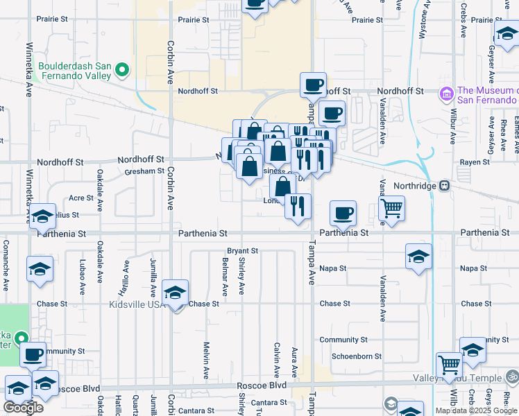 map of restaurants, bars, coffee shops, grocery stores, and more near 19431 Londelius Street in Los Angeles