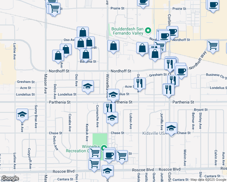 map of restaurants, bars, coffee shops, grocery stores, and more near 8766 Winnetka Avenue in Los Angeles