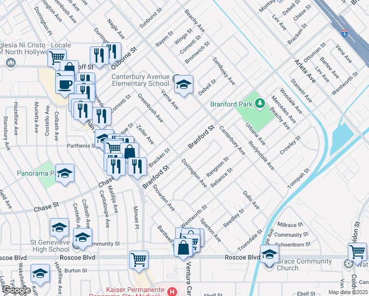 map of restaurants, bars, coffee shops, grocery stores, and more near 13623 Branford Street in Los Angeles