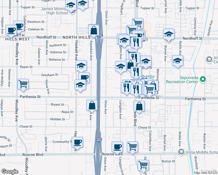 map of restaurants, bars, coffee shops, grocery stores, and more near 8750 Orion Avenue in Los Angeles