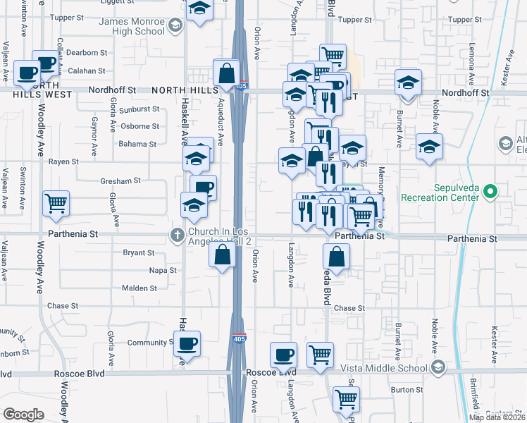 map of restaurants, bars, coffee shops, grocery stores, and more near 8742 Orion Avenue in Los Angeles