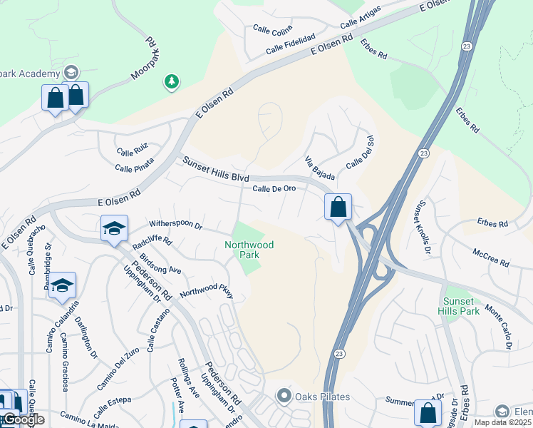 map of restaurants, bars, coffee shops, grocery stores, and more near 1450 Corte De Primavera in Thousand Oaks