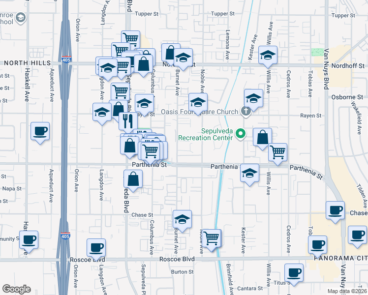 map of restaurants, bars, coffee shops, grocery stores, and more near 8744 Burnet Avenue in Los Angeles