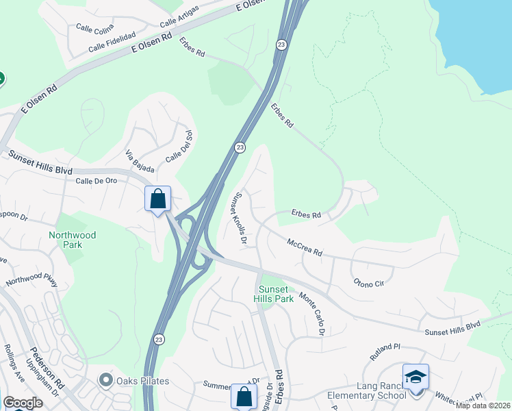 map of restaurants, bars, coffee shops, grocery stores, and more near 1961 McCrea Road in Thousand Oaks
