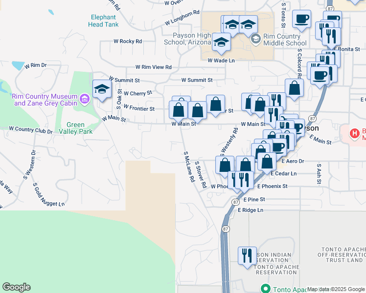 map of restaurants, bars, coffee shops, grocery stores, and more near 900 S Mclane Rd in Payson