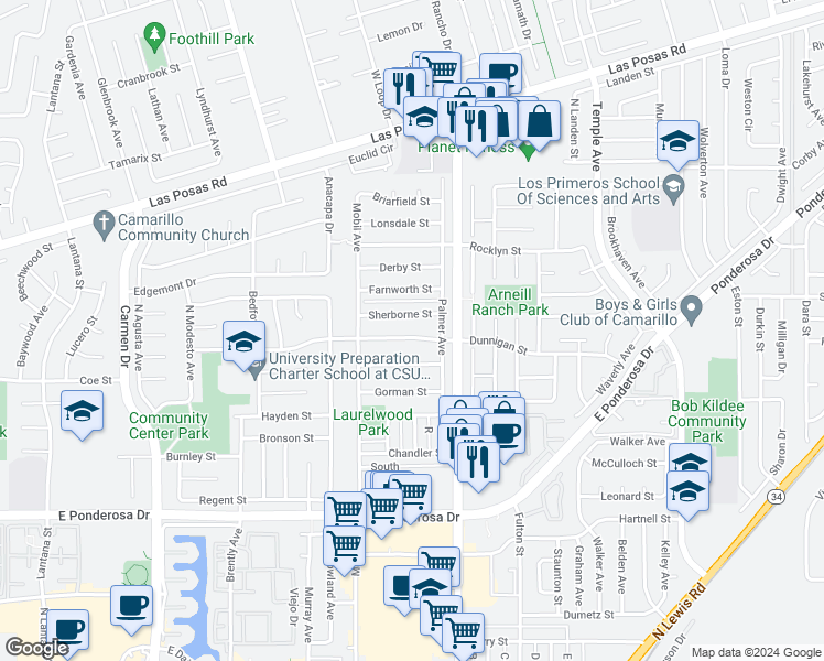 map of restaurants, bars, coffee shops, grocery stores, and more near 2207 Dunnigan Street in Camarillo