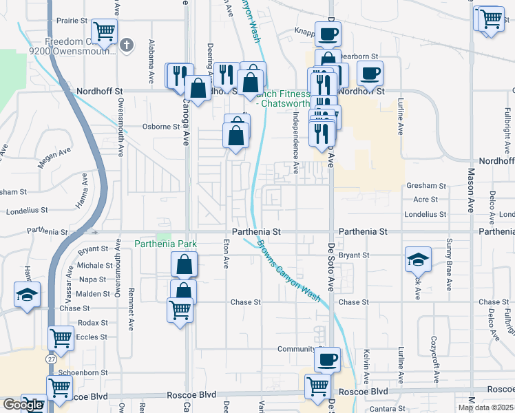 map of restaurants, bars, coffee shops, grocery stores, and more near 8745 Variel Avenue in Los Angeles