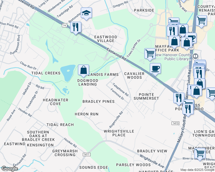 map of restaurants, bars, coffee shops, grocery stores, and more near 106 Formosa Drive in Wilmington