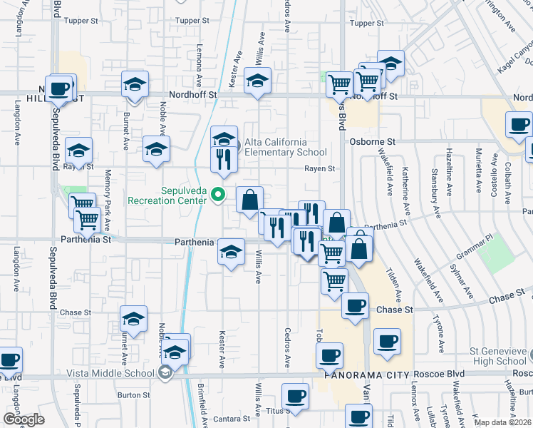 map of restaurants, bars, coffee shops, grocery stores, and more near 8740 Willis Avenue in Los Angeles