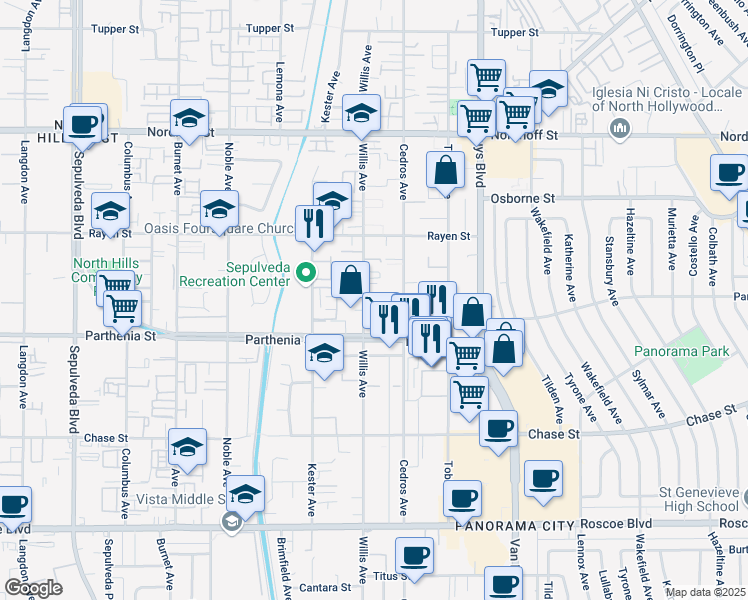 map of restaurants, bars, coffee shops, grocery stores, and more near 8740 Willis Avenue in Los Angeles
