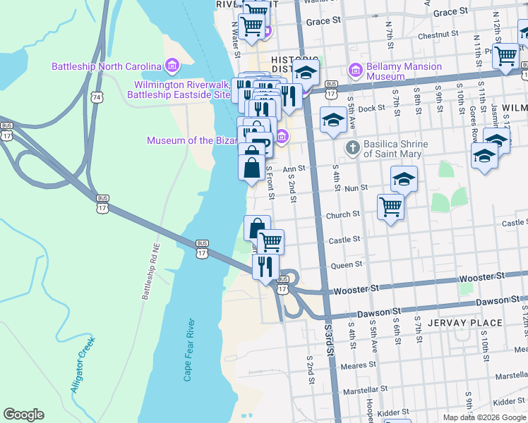 map of restaurants, bars, coffee shops, grocery stores, and more near 6 Nun Street in Wilmington