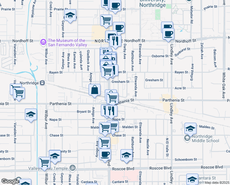 map of restaurants, bars, coffee shops, grocery stores, and more near 8708-8760 Reseda Blvd in Los Angeles