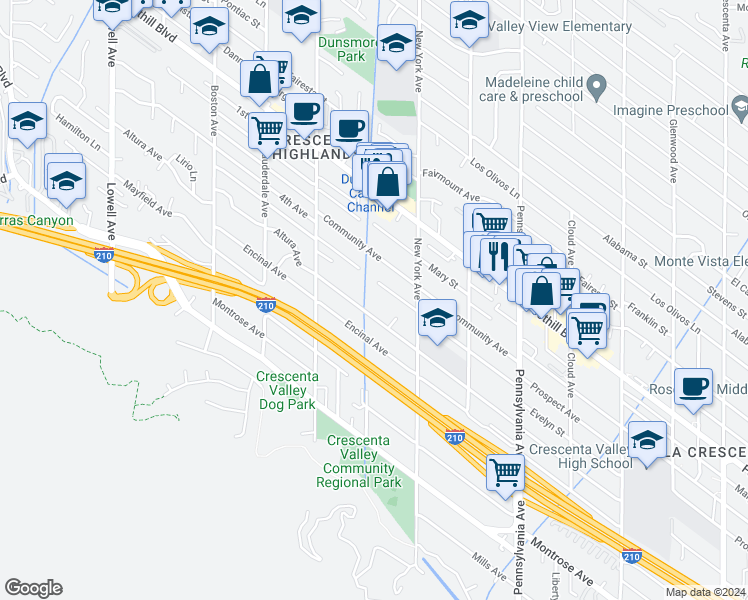 map of restaurants, bars, coffee shops, grocery stores, and more near 3461 Altura Avenue in Glendale