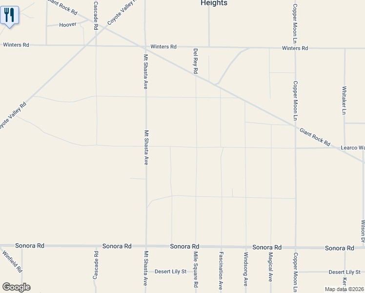map of restaurants, bars, coffee shops, grocery stores, and more near Learco Way in Joshua Tree