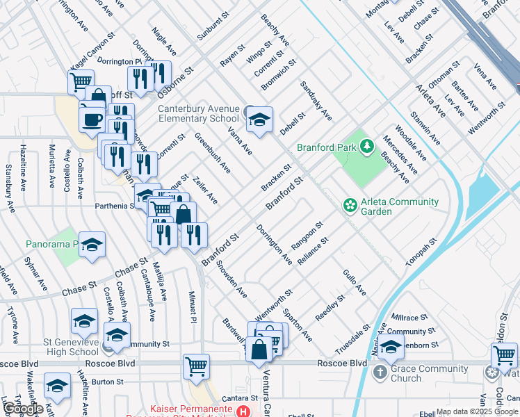 map of restaurants, bars, coffee shops, grocery stores, and more near 13623 Branford Street in Los Angeles