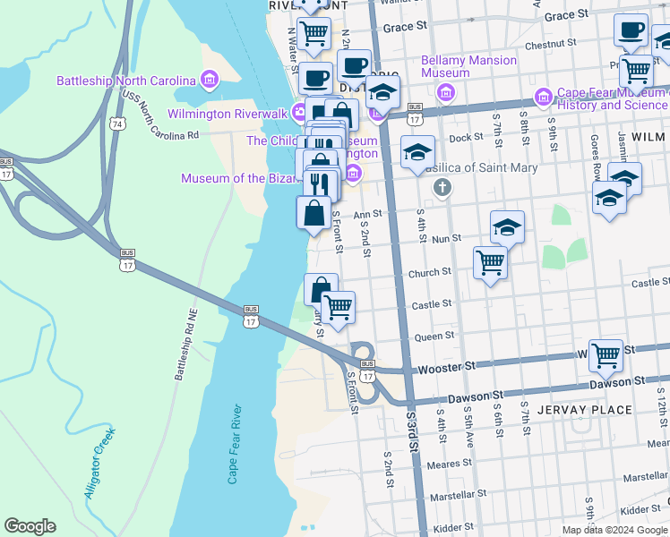 map of restaurants, bars, coffee shops, grocery stores, and more near 416 South Front Street in Wilmington