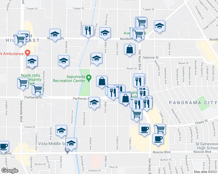 map of restaurants, bars, coffee shops, grocery stores, and more near 8740 Willis Avenue in Los Angeles