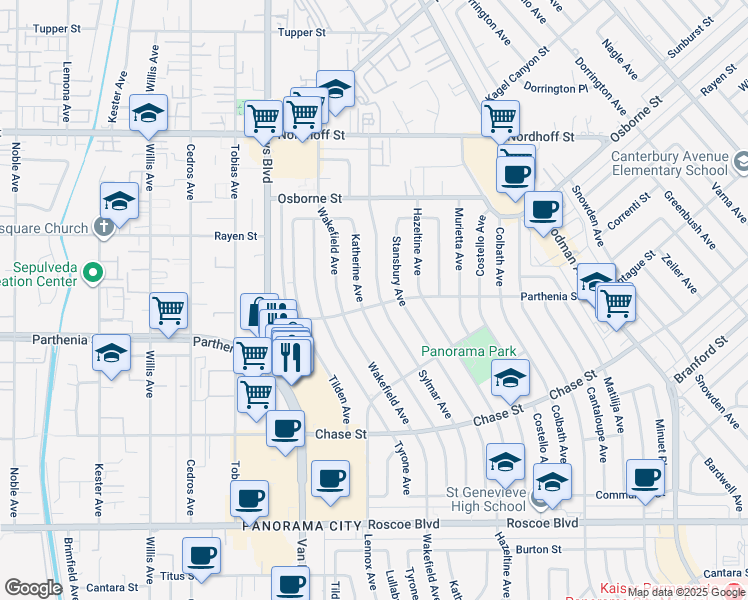 map of restaurants, bars, coffee shops, grocery stores, and more near 14361 Parthenia Street in Los Angeles