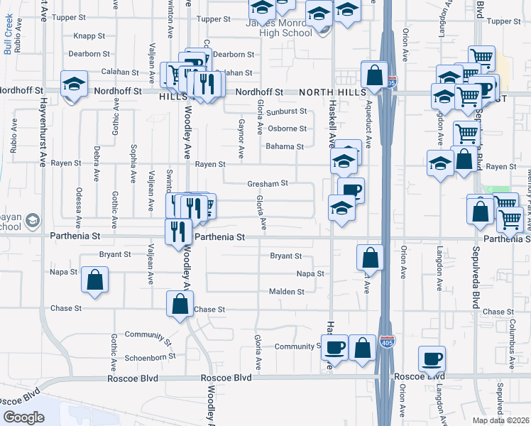 map of restaurants, bars, coffee shops, grocery stores, and more near 15955 Londelius Street in Los Angeles