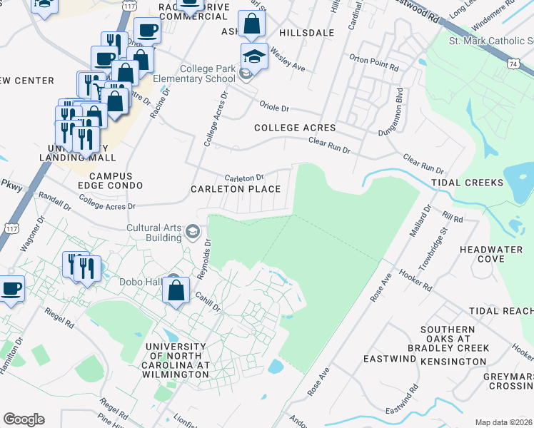map of restaurants, bars, coffee shops, grocery stores, and more near 5232 Christian Drive in Wilmington