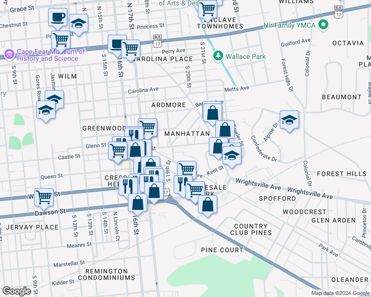 map of restaurants, bars, coffee shops, grocery stores, and more near 1918 Castle Street in Wilmington