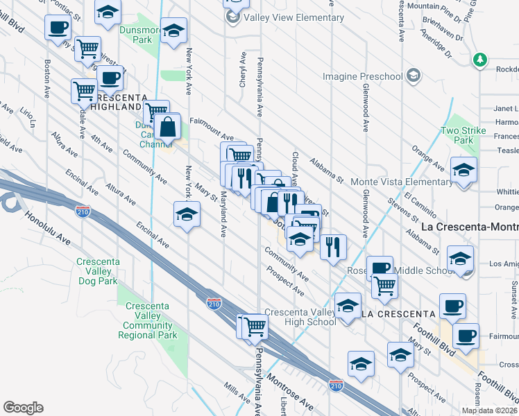 map of restaurants, bars, coffee shops, grocery stores, and more near in Glendale