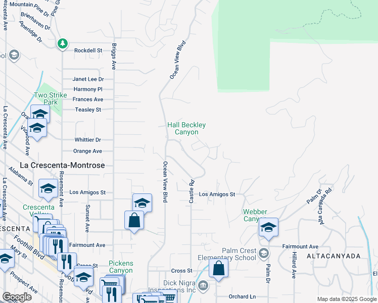 map of restaurants, bars, coffee shops, grocery stores, and more near 5236 Castle Road in La Cañada Flintridge