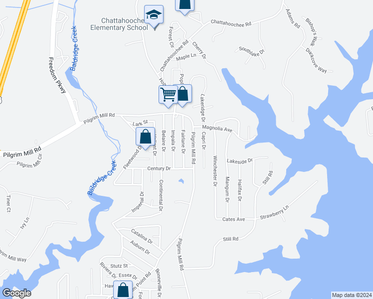 map of restaurants, bars, coffee shops, grocery stores, and more near 2675 Fairlane Drive in Cumming