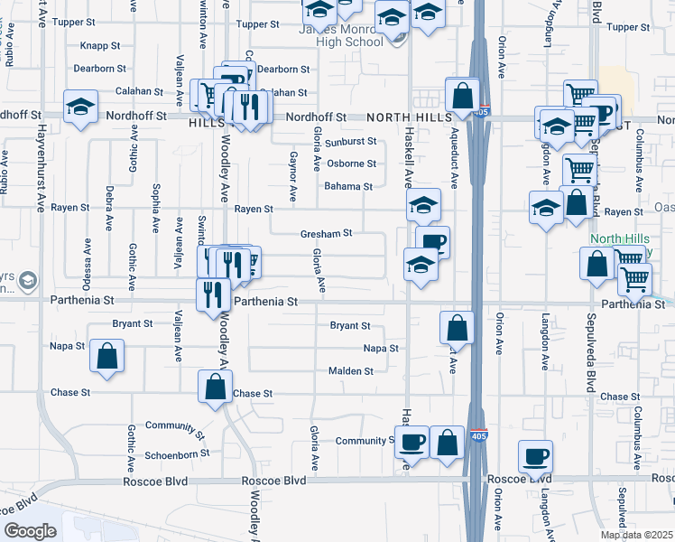 map of restaurants, bars, coffee shops, grocery stores, and more near 15937 Londelius Street in Los Angeles