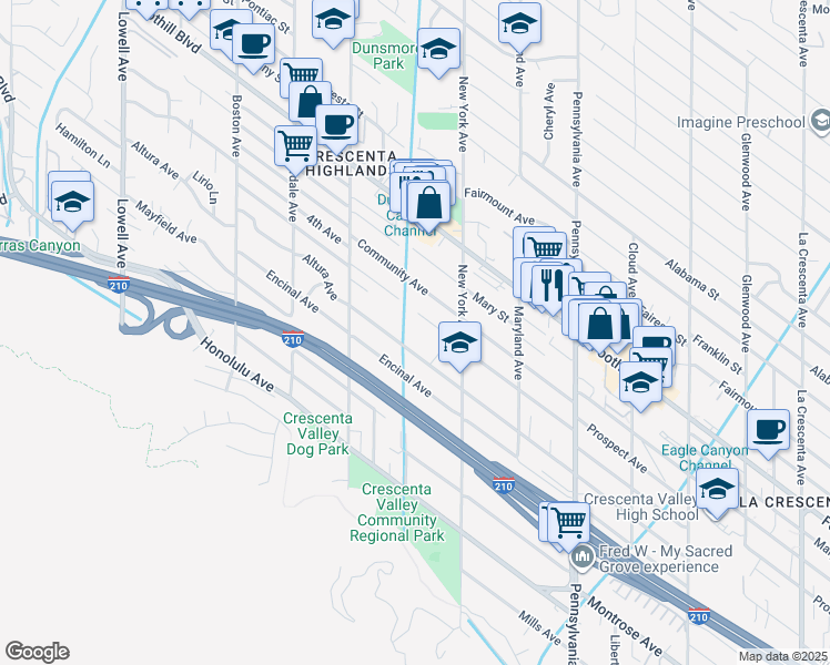 map of restaurants, bars, coffee shops, grocery stores, and more near 3461 Altura Avenue in Glendale