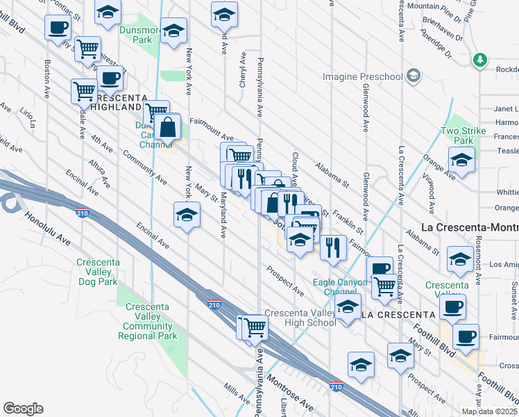 map of restaurants, bars, coffee shops, grocery stores, and more near Foothill Boulevard & Pennsylvania Avenue in Glendale