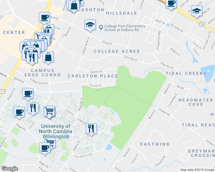 map of restaurants, bars, coffee shops, grocery stores, and more near 5238 Christian Drive in Wilmington