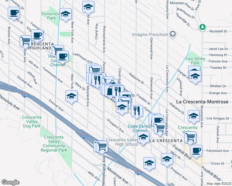 map of restaurants, bars, coffee shops, grocery stores, and more near 3054 Fairesta Street in La Crescenta-Montrose
