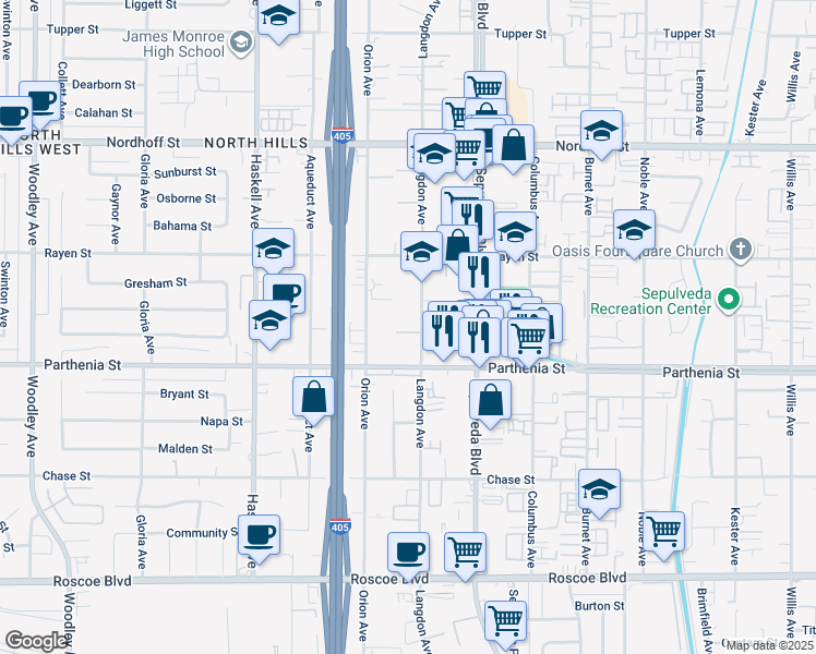 map of restaurants, bars, coffee shops, grocery stores, and more near 8759 Langdon Avenue in Los Angeles