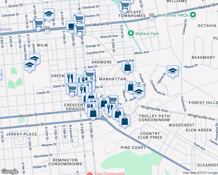 map of restaurants, bars, coffee shops, grocery stores, and more near 1910 Castle Street in Wilmington