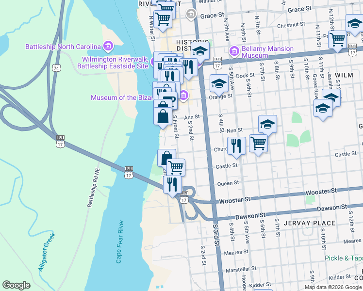 map of restaurants, bars, coffee shops, grocery stores, and more near 110 Nun Street in Wilmington