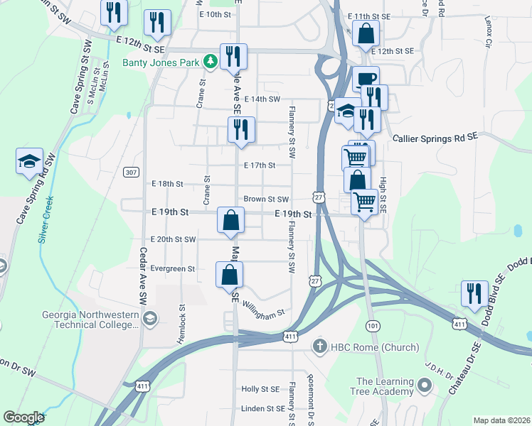 map of restaurants, bars, coffee shops, grocery stores, and more near 1803 Olmstead Street in Rome