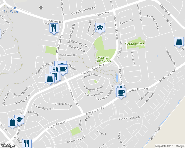 map of restaurants, bars, coffee shops, grocery stores, and more near 5490 Holly Ridge Drive in Camarillo